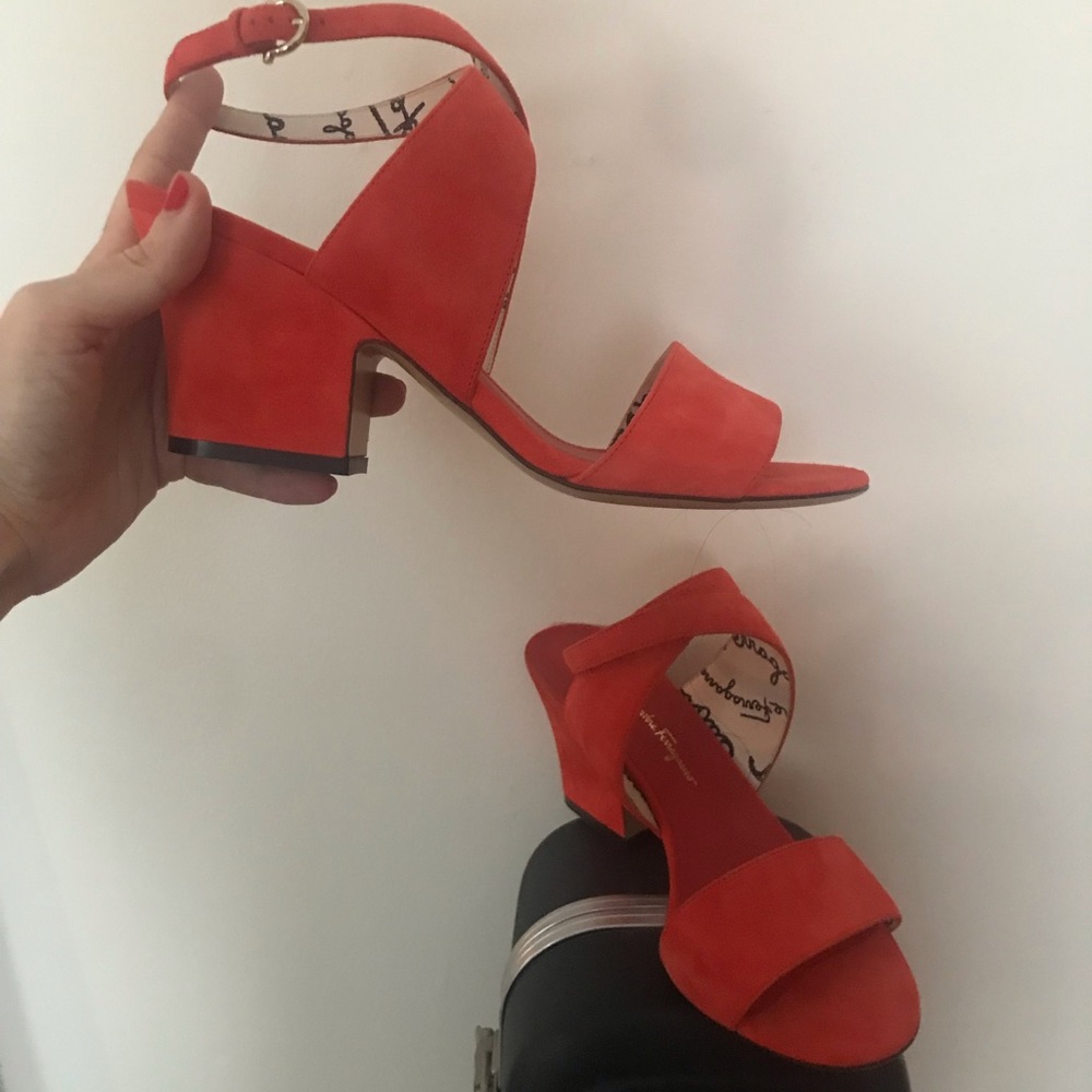 New 3” heeled Ferragamo red-orange sandals